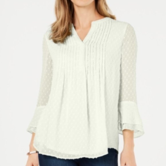 Charter Club Tops - NWT Charter Club Ivory Ruffled Textured Pintucked Bell Sleeve Split Blou…